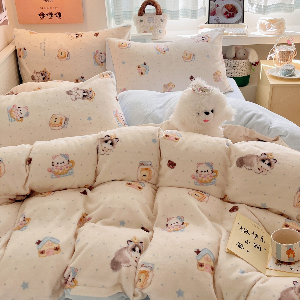 91家纺网 家纺一手货源 找家纺 桃子家居 2025新款A类ins小清新少女奶油卡通可爱加厚牛奶绒四件套 绒-猫咪日记