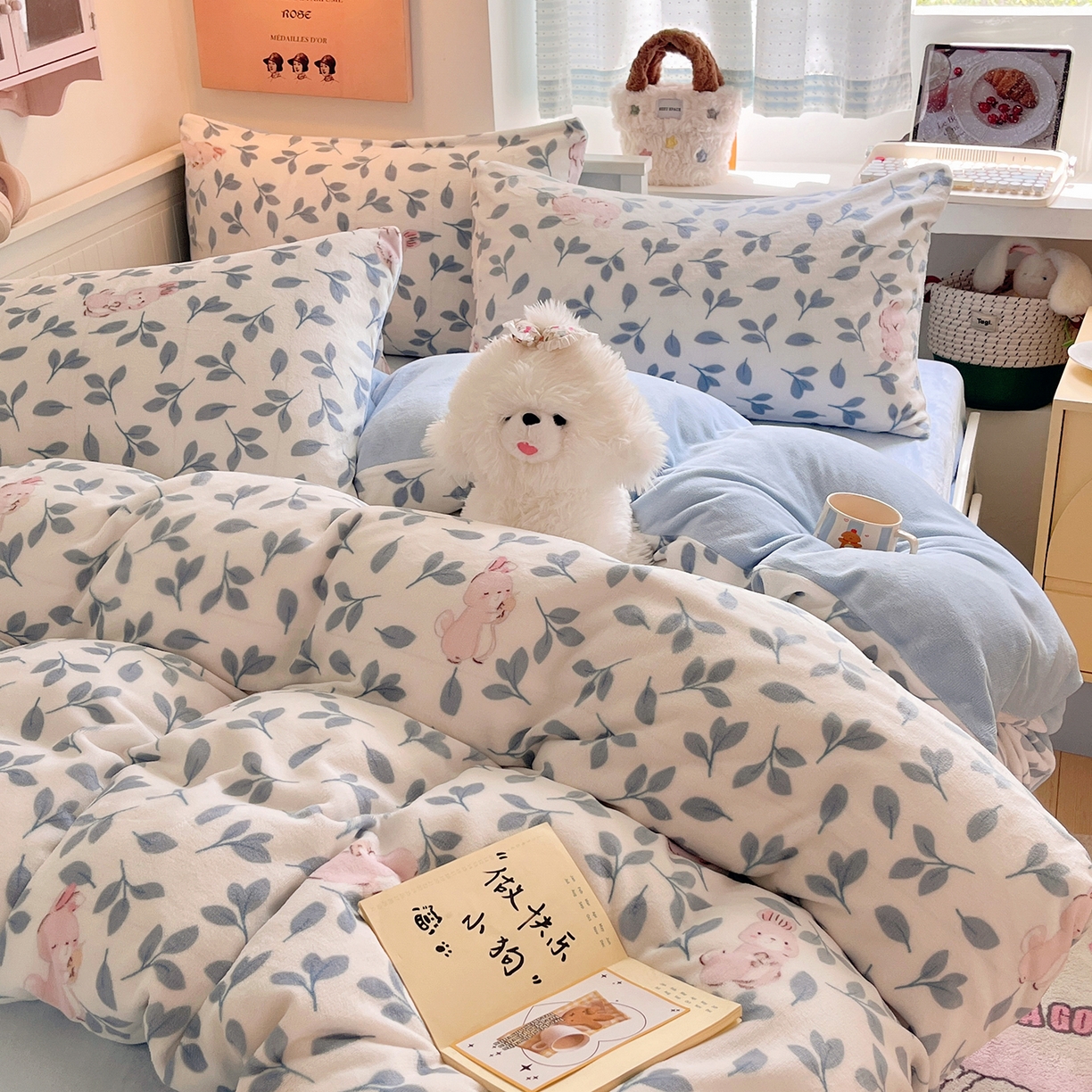 91家纺网 家纺一手货源 找家纺 桃子家居 2025新款A类ins小清新少女奶油卡通可爱加厚牛奶绒四件套 绒-萌萌兔