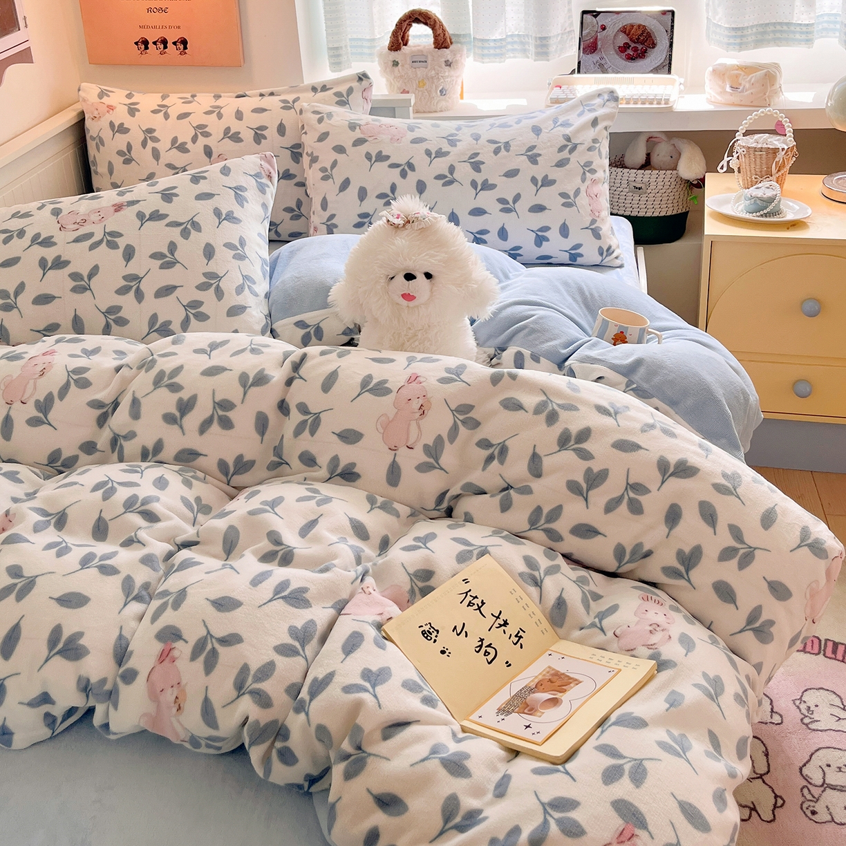 91家纺网 家纺一手货源 找家纺 桃子家居 2025新款A类ins小清新少女奶油卡通可爱加厚牛奶绒四件套 绒-萌萌兔