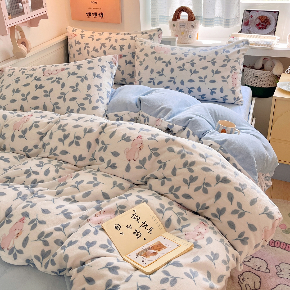 91家纺网 家纺一手货源 找家纺 桃子家居 2025新款A类ins小清新少女奶油卡通可爱加厚牛奶绒四件套 绒-萌萌兔