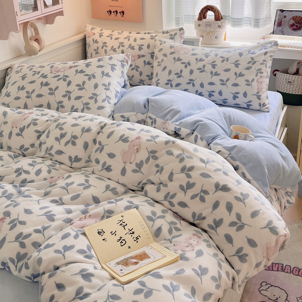 91家纺网 家纺一手货源 找家纺 桃子家居 2025新款A类ins小清新少女奶油卡通可爱加厚牛奶绒四件套 绒-萌萌兔