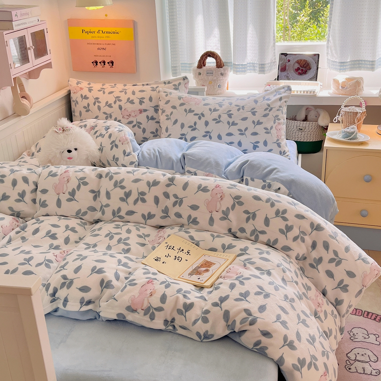 91家纺网 家纺一手货源 找家纺 桃子家居 2025新款A类ins小清新少女奶油卡通可爱加厚牛奶绒四件套 绒-萌萌兔