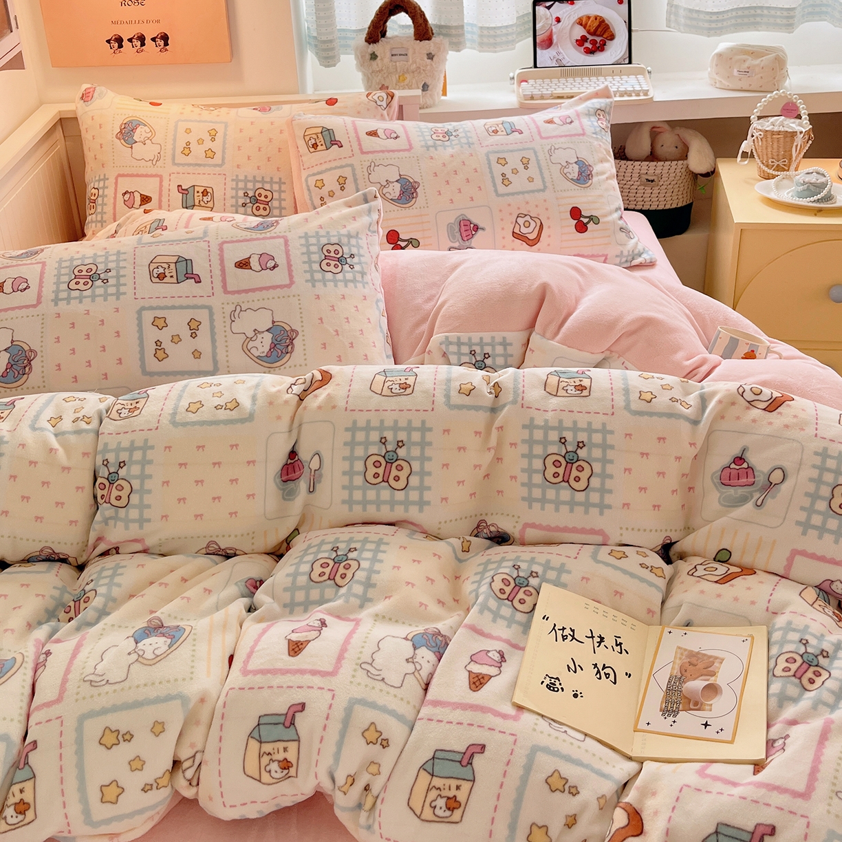 91家纺网 家纺一手货源 找家纺 桃子家居 2025新款A类ins小清新少女奶油卡通可爱加厚牛奶绒四件套 绒-糖果屋