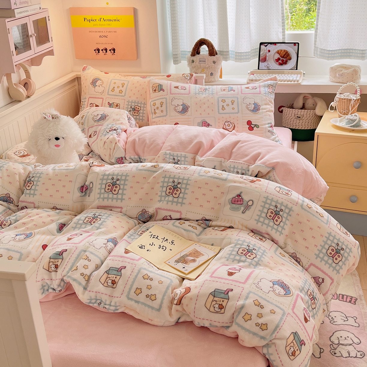 91家纺网 家纺一手货源 找家纺 桃子家居 2025新款A类ins小清新少女奶油卡通可爱加厚牛奶绒四件套 绒-糖果屋