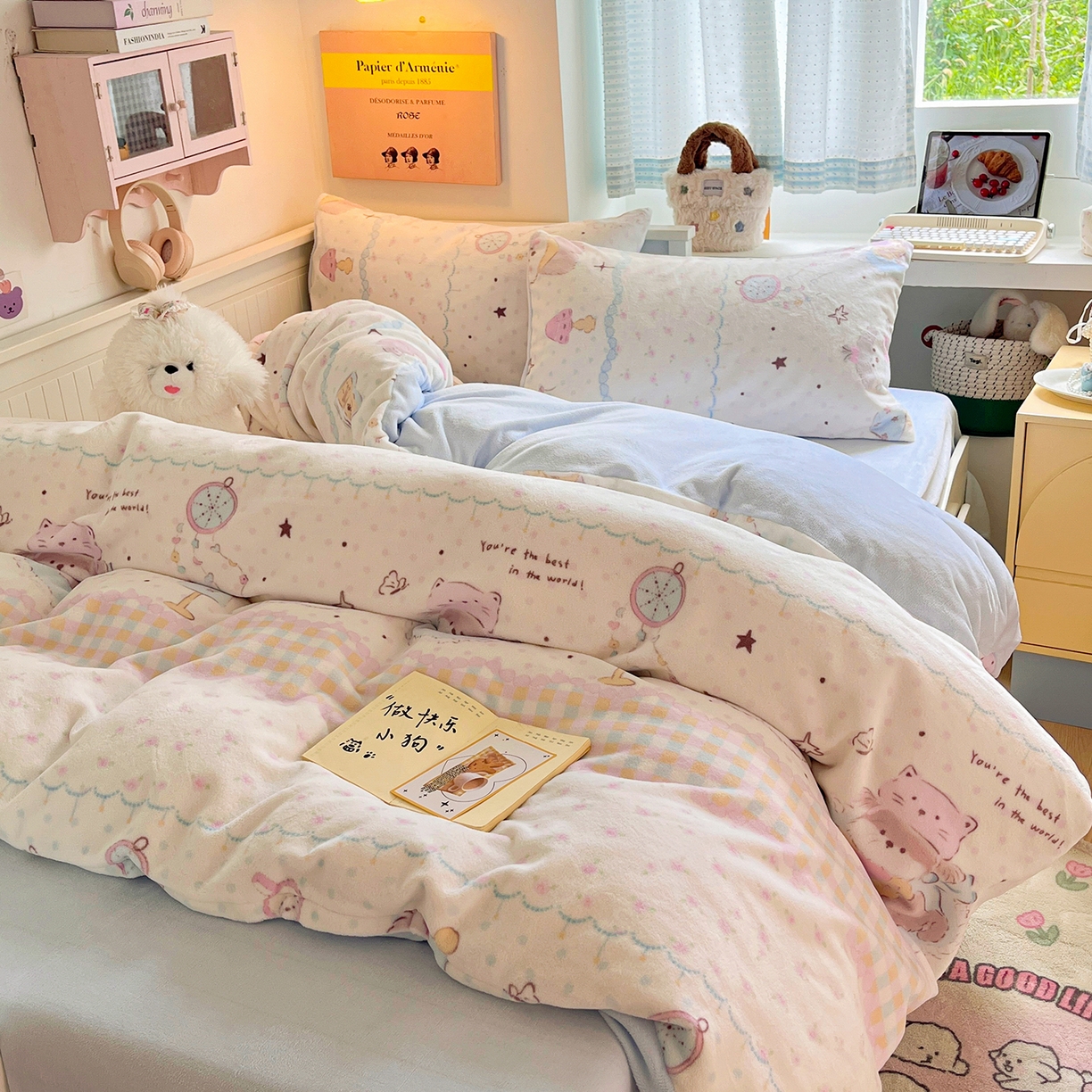 桃子家居 2025新款A类ins小清新少女奶油卡通可爱加厚牛奶绒四件套 绒-甜甜奶油狗