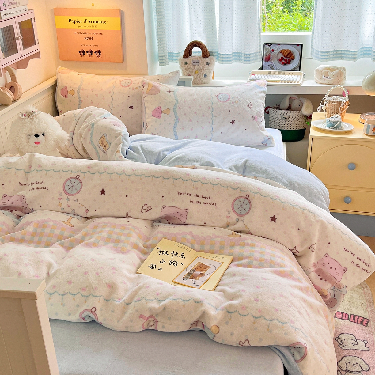 91家纺网 家纺一手货源 找家纺 桃子家居 2025新款A类ins小清新少女奶油卡通可爱加厚牛奶绒四件套 绒-甜甜奶油狗