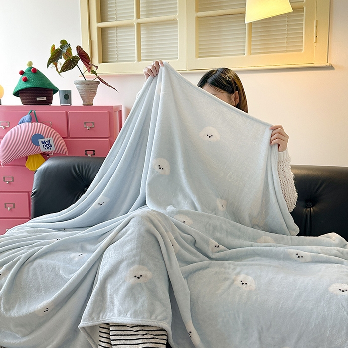 91家纺网 家纺一手货源 找家纺 贝扬思家纺 2025新款四季款双面印花牛奶绒毛毯空调毯 可爱狗头-蓝