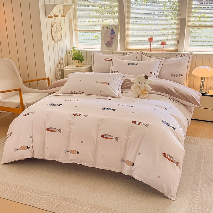 91家纺网 家纺一手货源 找家纺 金盛纺 2025新款全棉纯棉加厚磨毛印花四件套 渔趣