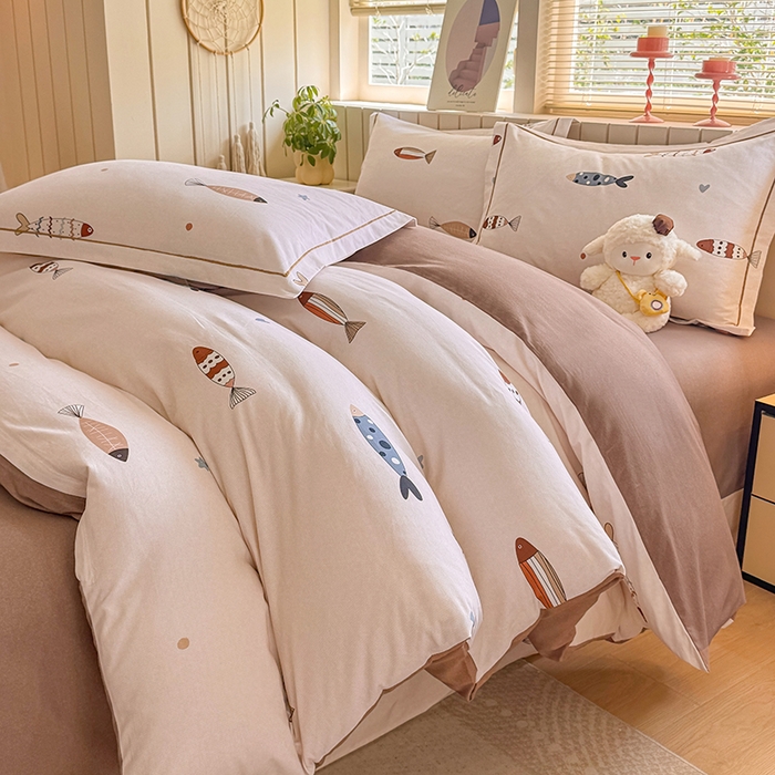 91家纺网 家纺一手货源 找家纺 金盛纺 2025新款全棉纯棉加厚磨毛印花四件套 渔趣