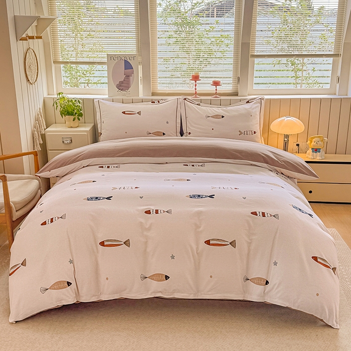 91家纺网 家纺一手货源 找家纺 金盛纺 2025新款全棉纯棉加厚磨毛印花四件套 渔趣