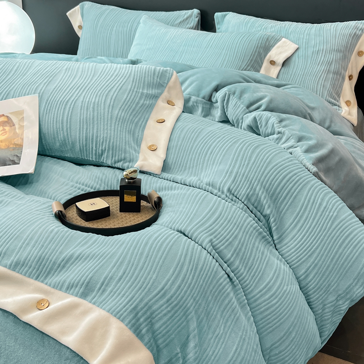 慕希家纺 2025新款亲肤舒适高克重牛奶绒纽扣款四件套 纽扣款-海茵蓝