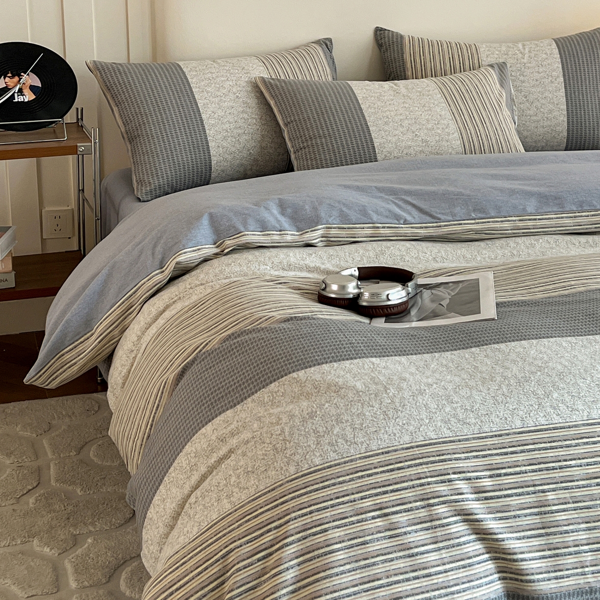 盛馨家纺 2025新款秋冬复古北欧风百分百棉全棉纯棉磨毛加厚纯棉磨毛四件套 布鲁斯-灰