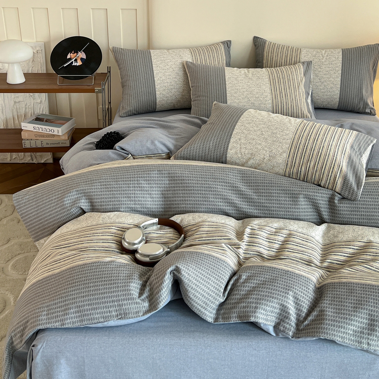 91家纺网 家纺一手货源 找家纺 盛馨家纺 2025新款秋冬复古北欧风百分百棉全棉纯棉磨毛加厚纯棉磨毛四件套 布鲁斯-灰