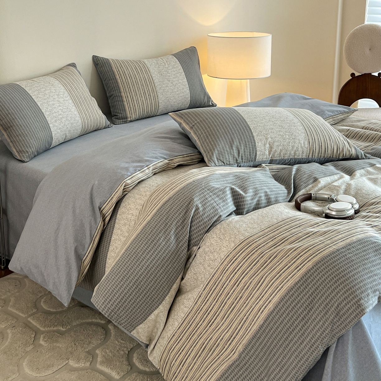 91家纺网 家纺一手货源 找家纺 盛馨家纺 2025新款秋冬复古北欧风百分百棉全棉纯棉磨毛加厚纯棉磨毛四件套 布鲁斯-灰