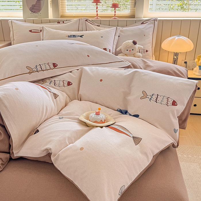 91家纺网 家纺一手货源 找家纺 金盛纺 2025新款全棉纯棉加厚磨毛印花四件套 渔趣