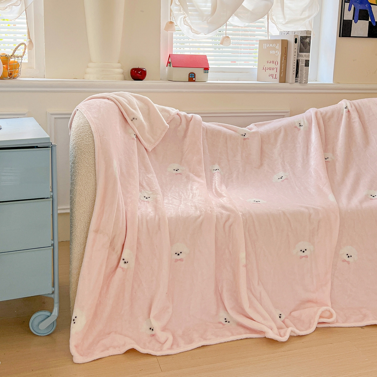 91家纺网 家纺一手货源 找家纺 初念 2025新款四季款双面牛奶绒多功能毛毯 可爱狗头-粉
