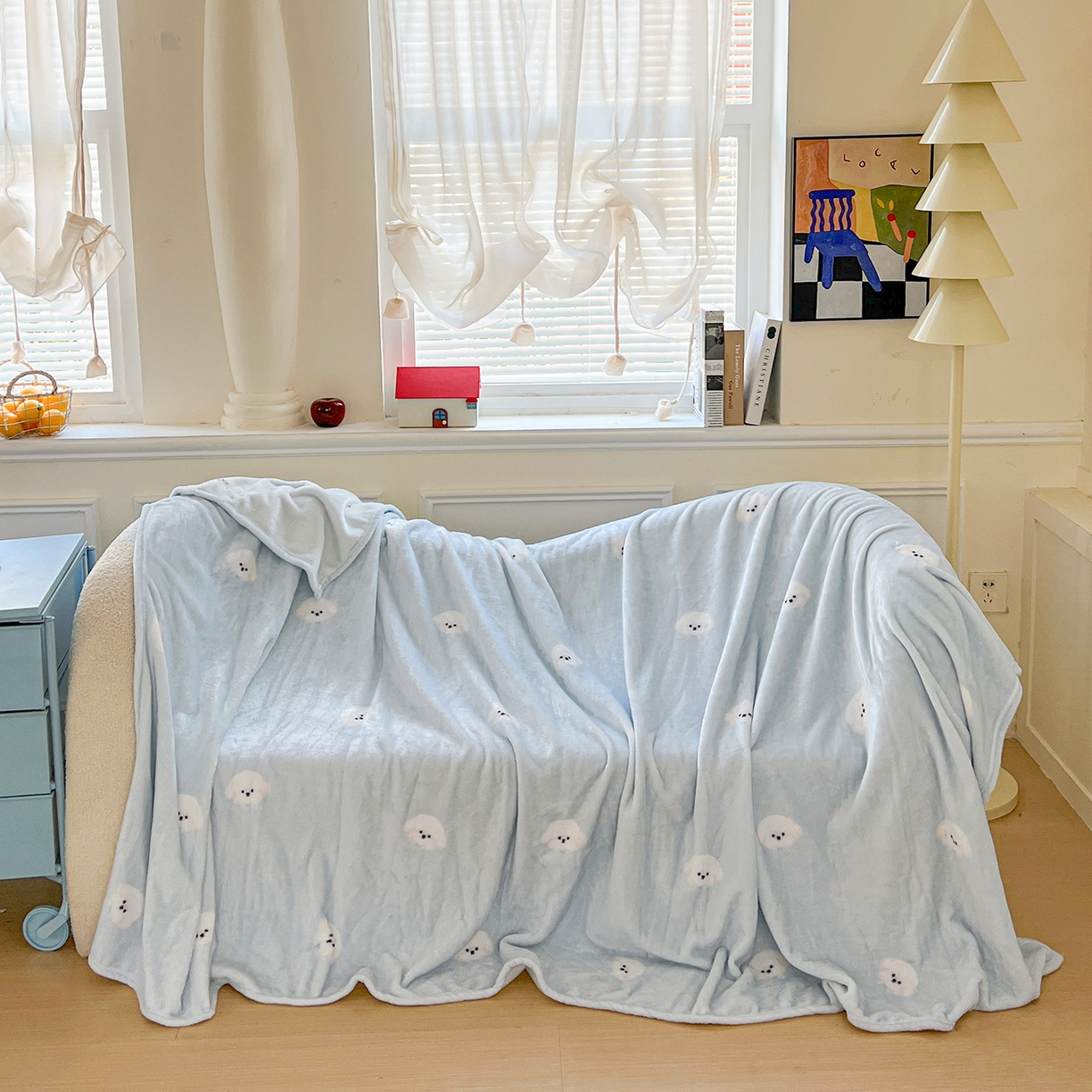 91家纺网 家纺一手货源 找家纺 初念 2025新款四季款双面牛奶绒多功能毛毯 可爱狗头-蓝