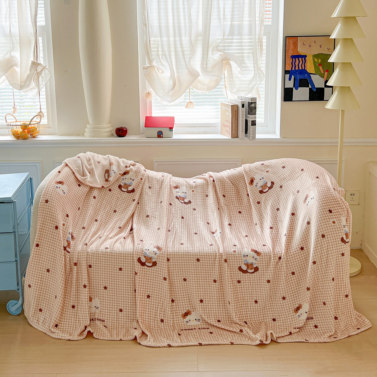 91家纺网 家纺一手货源 找家纺 初念 2025新款四季款双面牛奶绒多功能毛毯 咖星小猫