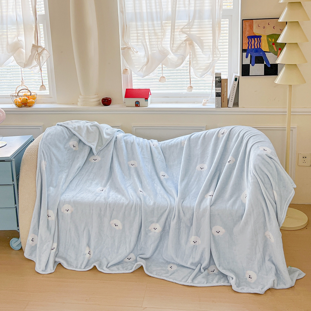 91家纺网 家纺一手货源 找家纺 初念 2025新款四季款双面牛奶绒多功能毛毯 可爱狗头-蓝