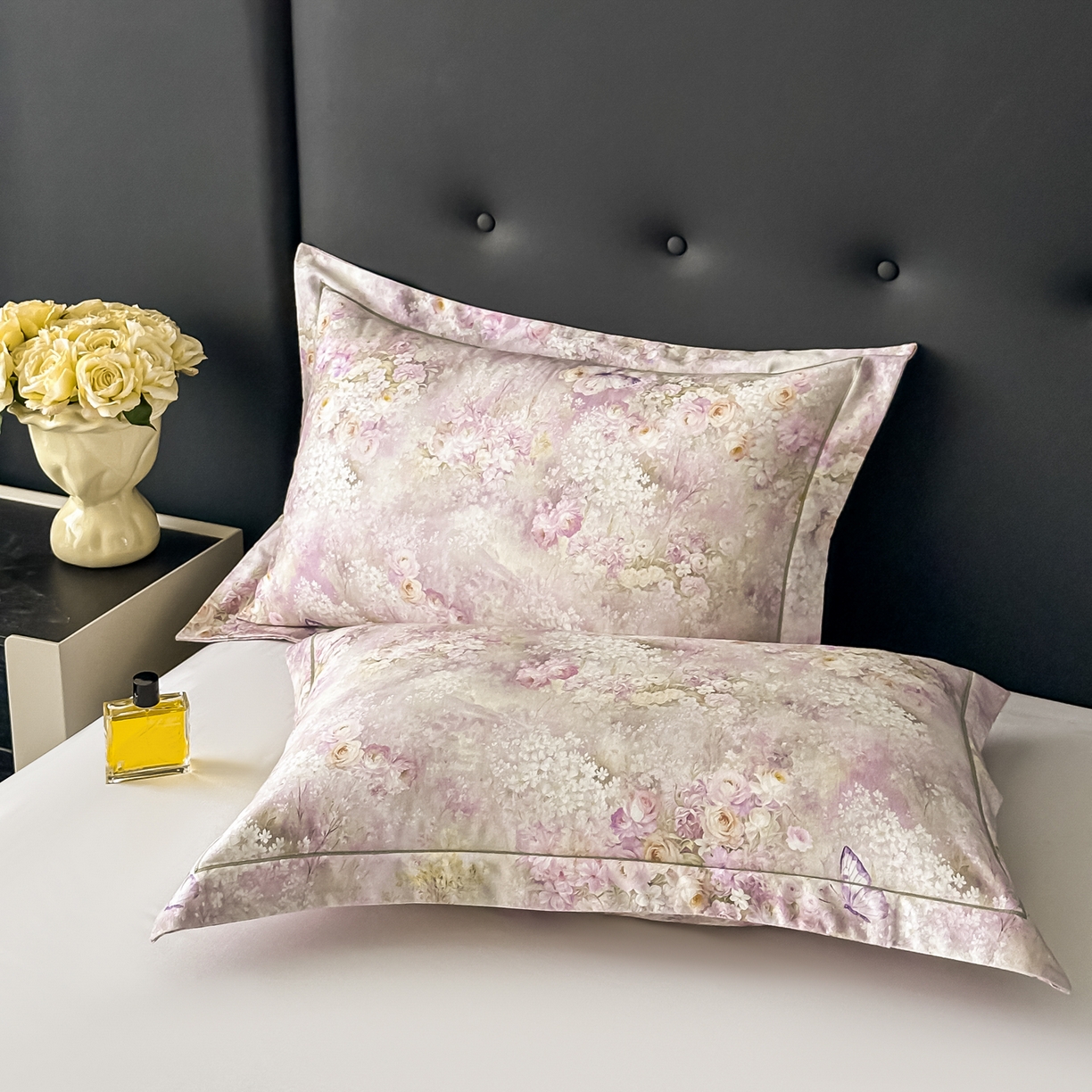 91家纺网 家纺一手货源 找家纺 益利多 2025新款纯棉A类全棉枕套加厚磨毛印花两只装枕头套信封开口48x74/50x80 雾野花蝶紫