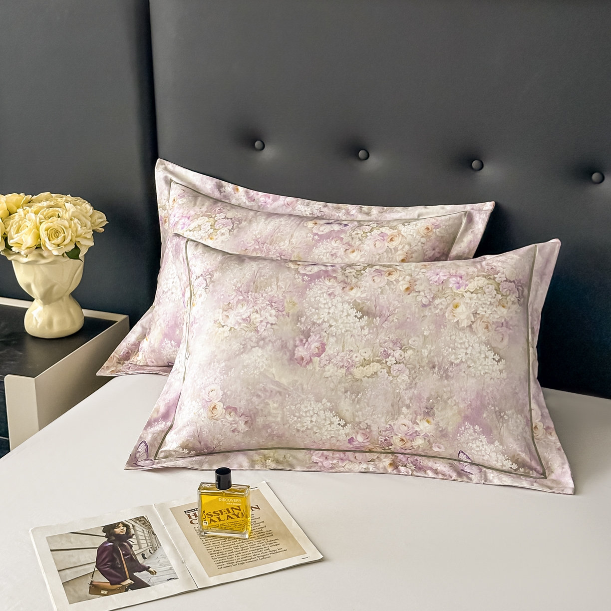 益利多 2025新款纯棉A类全棉枕套加厚磨毛印花两只装枕头套信封开口48x74/50x80 雾野花蝶紫