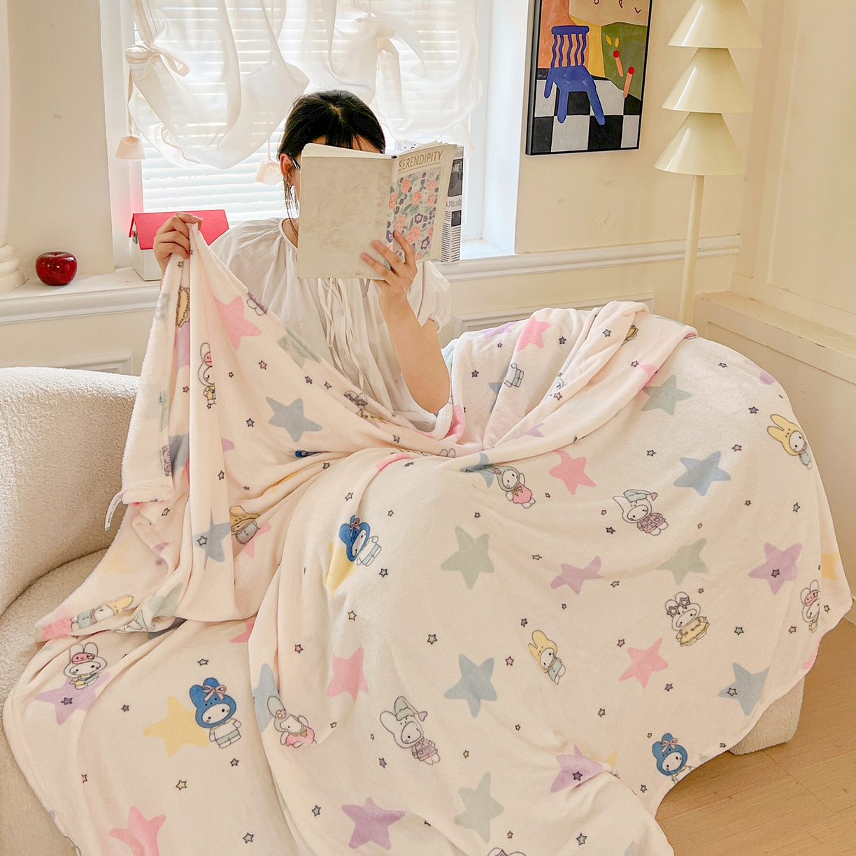 91家纺网 家纺一手货源 找家纺 初念 2025新款四季款双面牛奶绒多功能毛毯 星星米菲