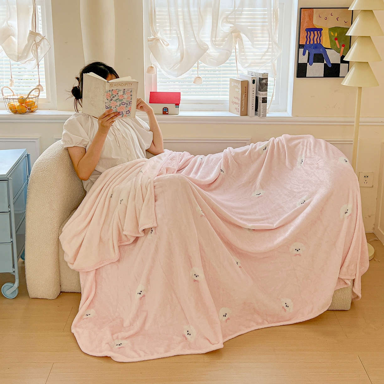 91家纺网 家纺一手货源 找家纺 初念 2025新款四季款双面牛奶绒多功能毛毯 可爱狗头-粉