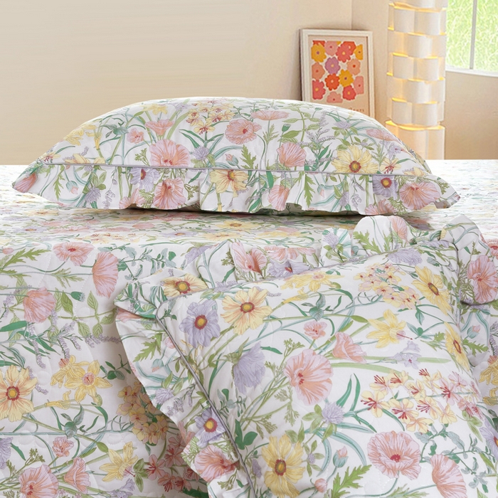 91家纺网 家纺一手货源 找家纺 益利多 2025新款130*70全棉斜纹夹棉绗缝小花边床盖纯棉加厚床盖三件套 清风佳人