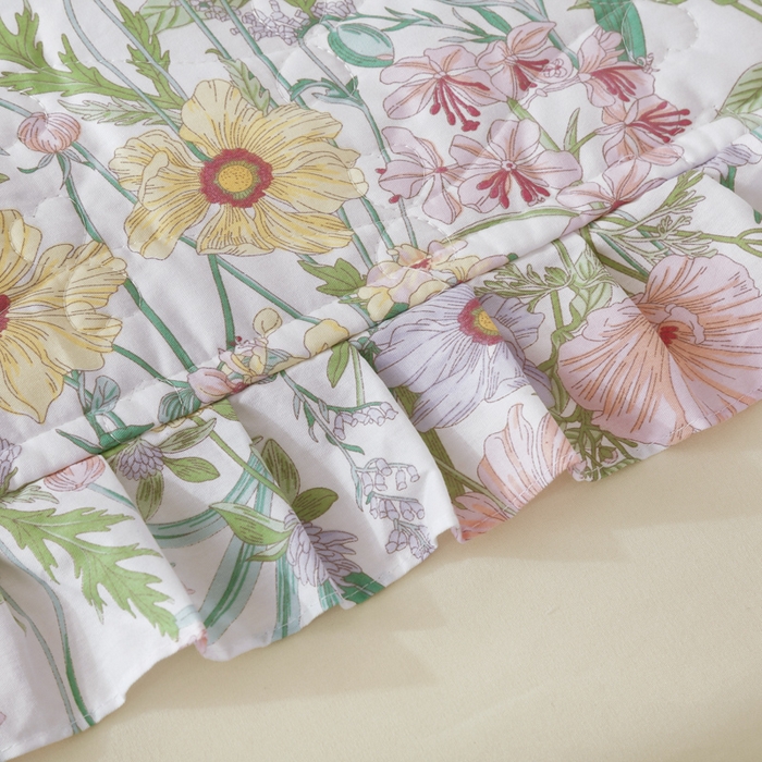 91家纺网 家纺一手货源 找家纺 益利多 2025新款130*70全棉斜纹夹棉绗缝小花边床盖纯棉加厚床盖三件套 清风佳人