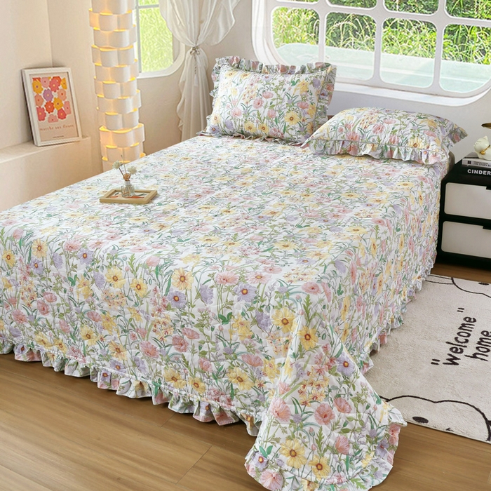 91家纺网 家纺一手货源 找家纺 益利多 2025新款130*70全棉斜纹夹棉绗缝小花边床盖纯棉加厚床盖三件套 清风佳人