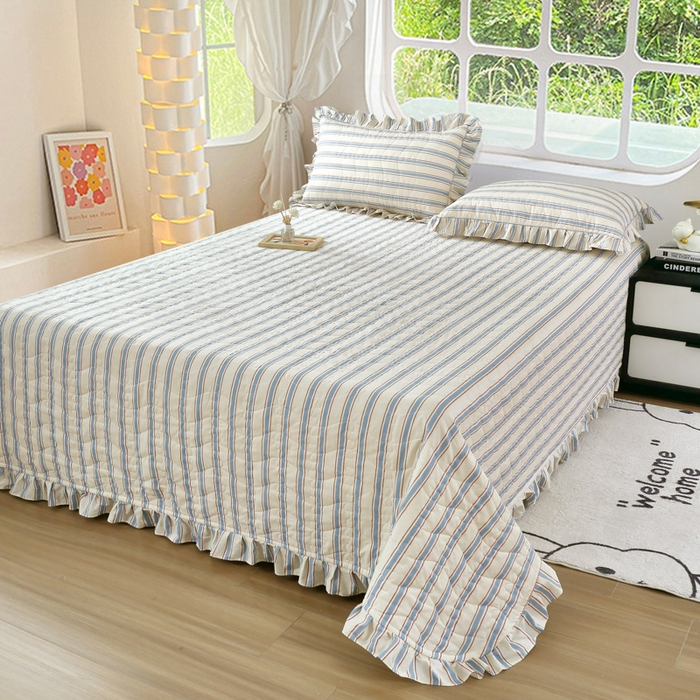 91家纺网 家纺一手货源 找家纺 益利多 2025新款130*70全棉斜纹夹棉绗缝小花边床盖纯棉加厚床盖三件套 简逸