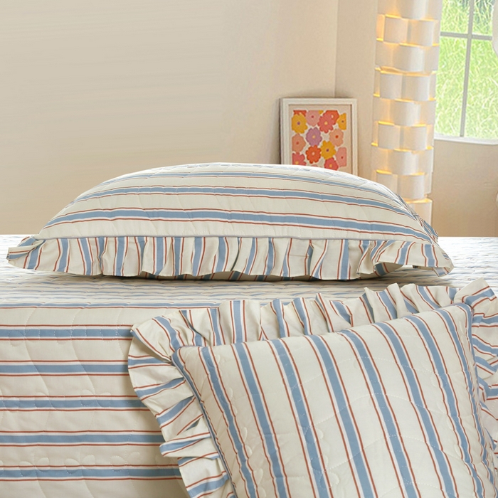 91家纺网 家纺一手货源 找家纺 益利多 2025新款130*70全棉斜纹夹棉绗缝小花边床盖纯棉加厚床盖三件套 简逸