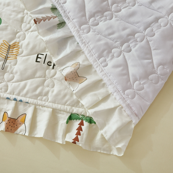 91家纺网 家纺一手货源 找家纺 益利多 2025新款130*70全棉斜纹夹棉绗缝小花边床盖纯棉加厚床盖三件套 动物乐园