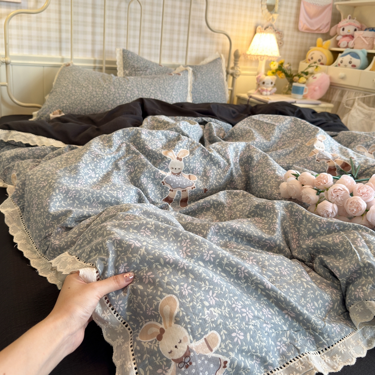 91家纺网 家纺一手货源 找家纺 初念 2025新款1云感双层纱四件套-梦华 梦华-花丛萌兔