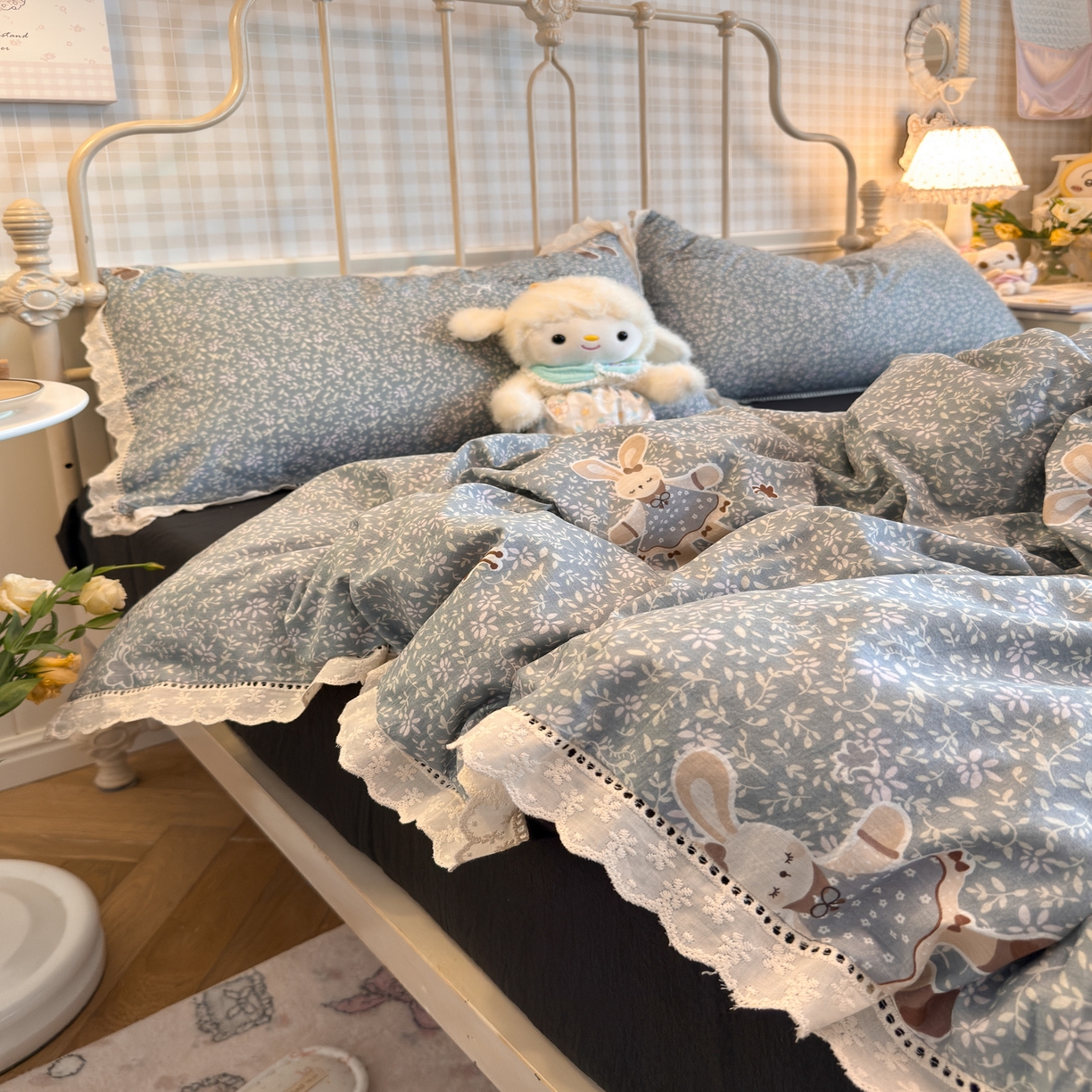 91家纺网 家纺一手货源 找家纺 初念 2025新款1云感双层纱四件套-梦华 梦华-花丛萌兔