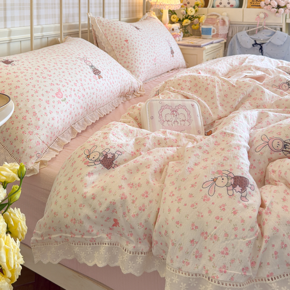 91家纺网 家纺一手货源 找家纺 初念 2025新款1云感双层纱四件套-梦华 梦华-芭比兔