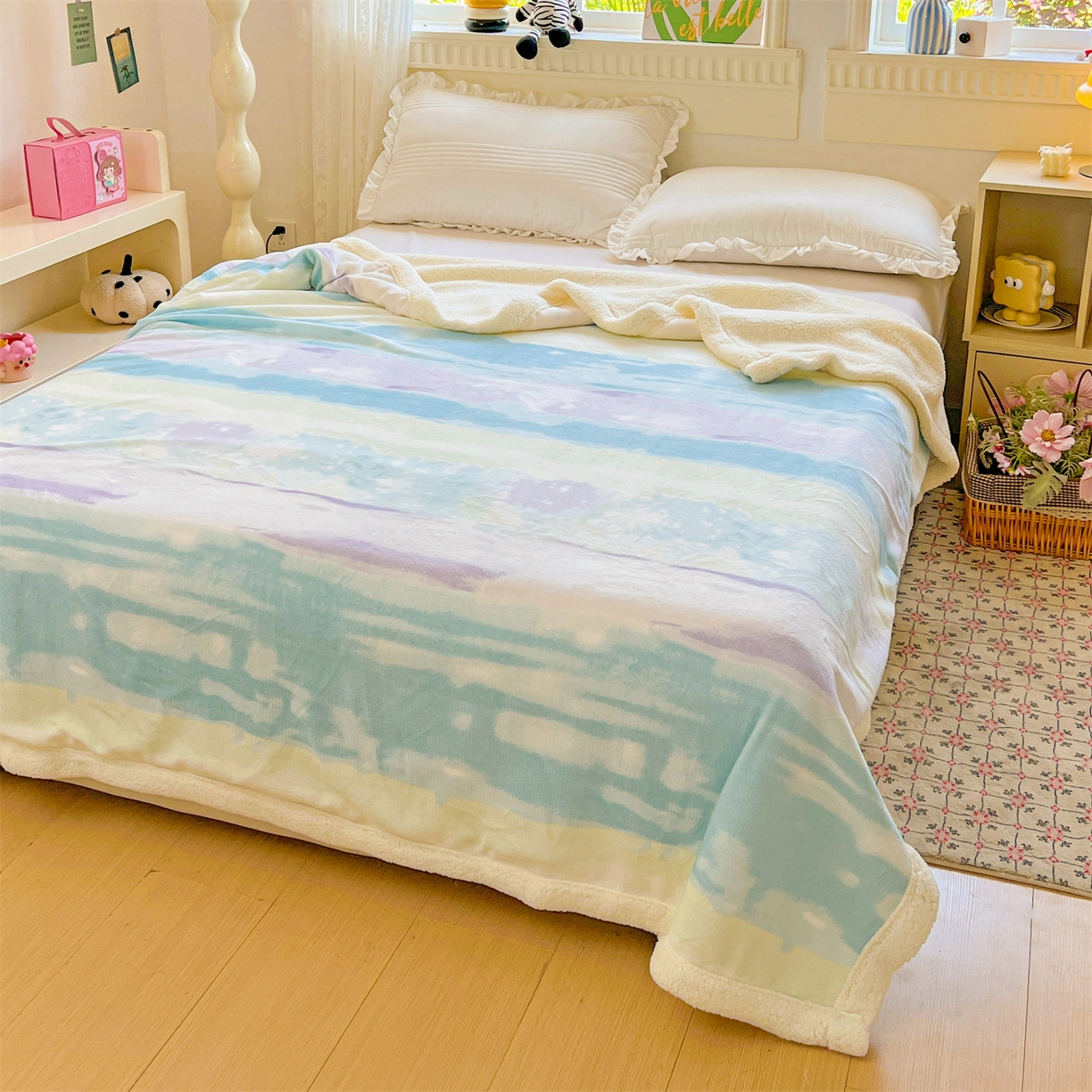 91家纺网 家纺一手货源 找家纺 名兮 2025新款秋冬高克重牛奶绒羊羔绒多功能盖毯 毛毯-彩色的梦