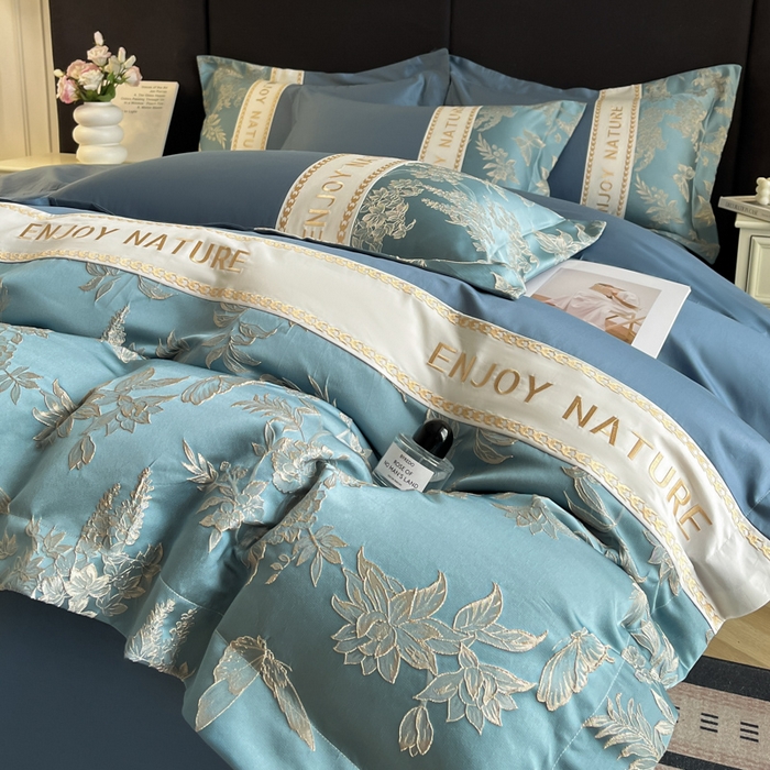 91家纺网 家纺一手货源 找家纺 （总）博纳家纺 2025新款亲服棉宽边高级简奢款绣花四件套-盛世年华,宾利蓝,繁星蓝,粉玉,高级灰,香槟