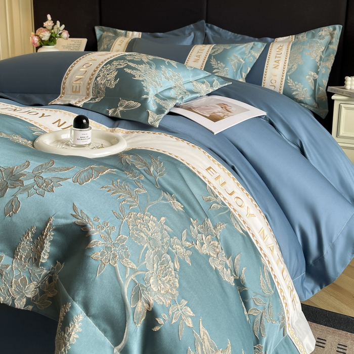 91家纺网 家纺一手货源 找家纺 博纳家纺 2025新款亲服棉宽边高级简奢款绣花四件套-盛世年华 宾利蓝