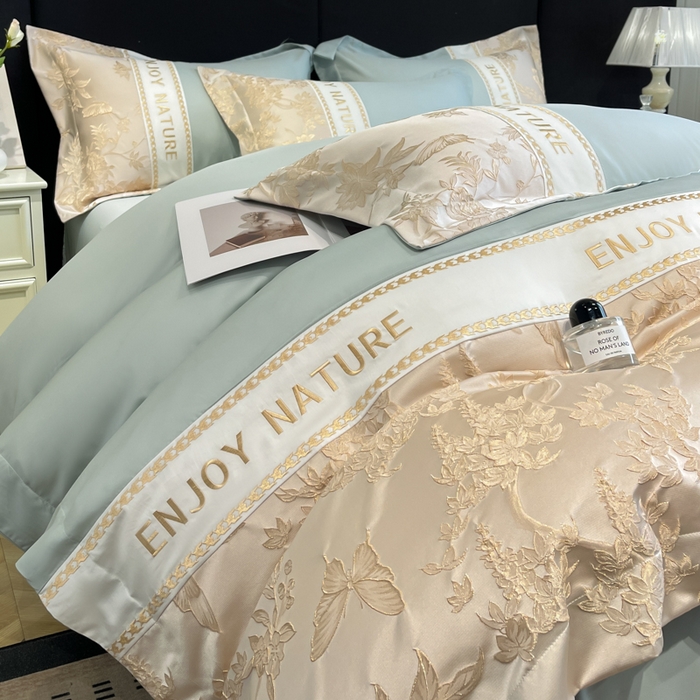 91家纺网 家纺一手货源 找家纺 博纳家纺 2025新款亲服棉宽边高级简奢款绣花四件套-盛世年华 繁星蓝