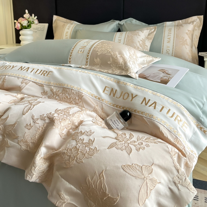 91家纺网 家纺一手货源 找家纺 博纳家纺 2025新款亲服棉宽边高级简奢款绣花四件套-盛世年华 繁星蓝