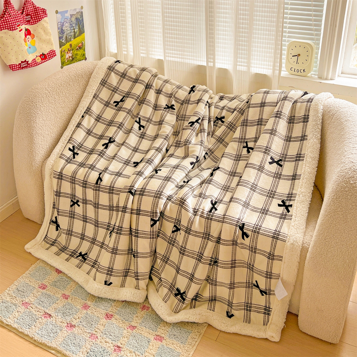 91家纺网 家纺一手货源 找家纺 名兮 2025新款秋冬高克重牛奶绒羊羔绒多功能盖毯 毛毯-格子蝴蝶结
