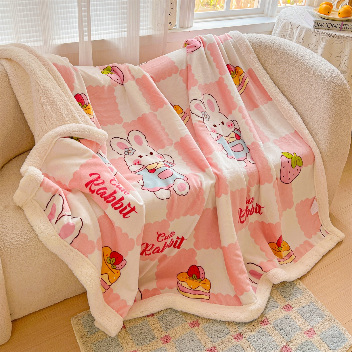 91家纺网 家纺一手货源 找家纺 名兮 2025新款秋冬高克重牛奶绒羊羔绒多功能盖毯 毛毯-格子兔