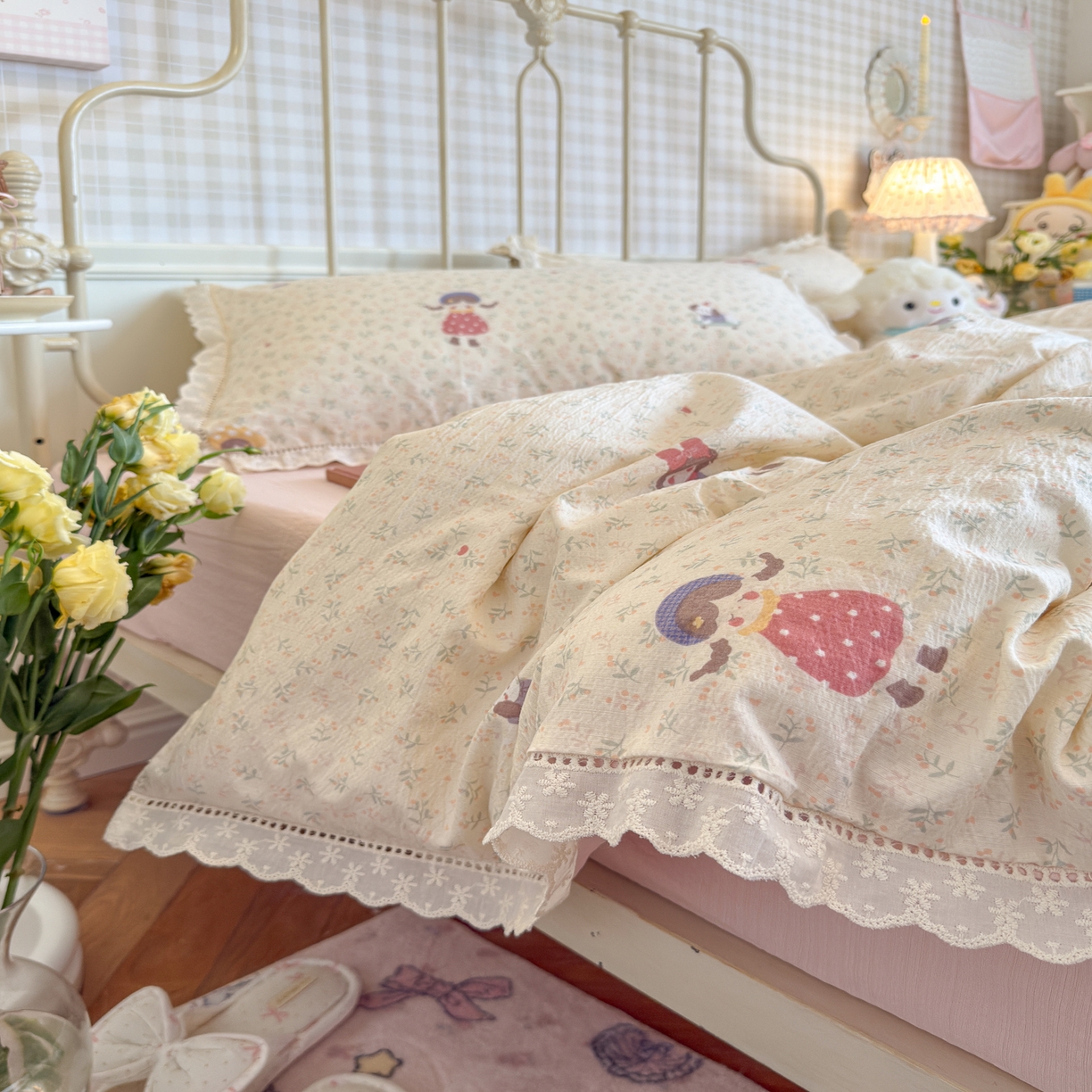 91家纺网 家纺一手货源 找家纺 初念 2025新款1云感双层纱四件套-梦华 梦华-花丛女孩