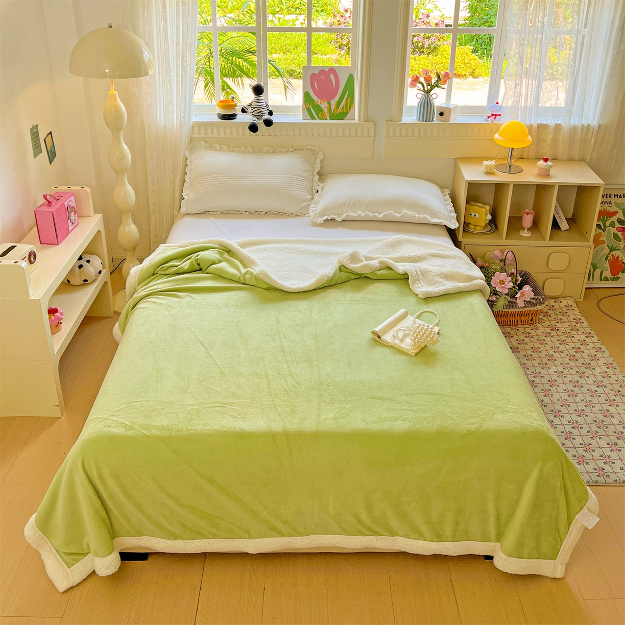 91家纺网 家纺一手货源 找家纺 名兮 2025新款秋冬高克重牛奶绒羊羔绒多功能盖毯 毛毯-果绿