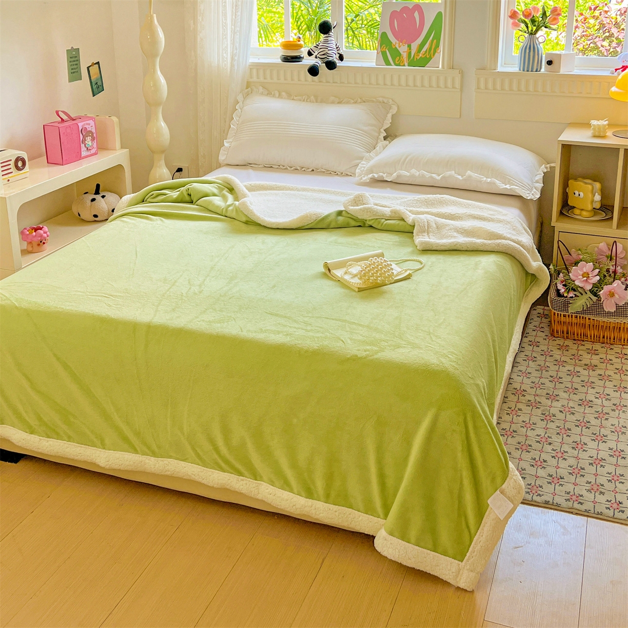 91家纺网 家纺一手货源 找家纺 名兮 2025新款秋冬高克重牛奶绒羊羔绒多功能盖毯 毛毯-果绿