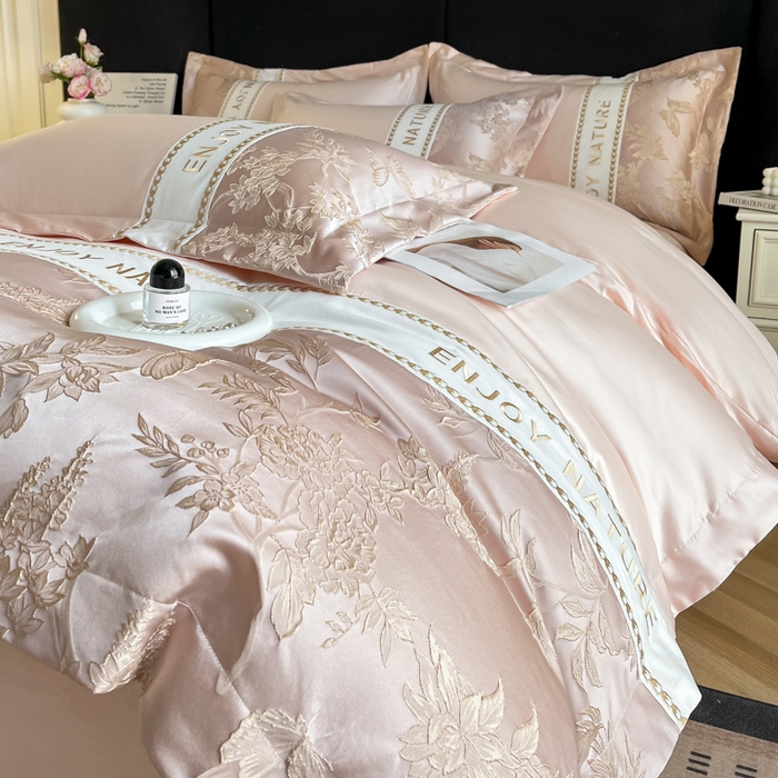 博纳家纺 2025新款亲服棉宽边高级简奢款绣花四件套-盛世年华 粉玉