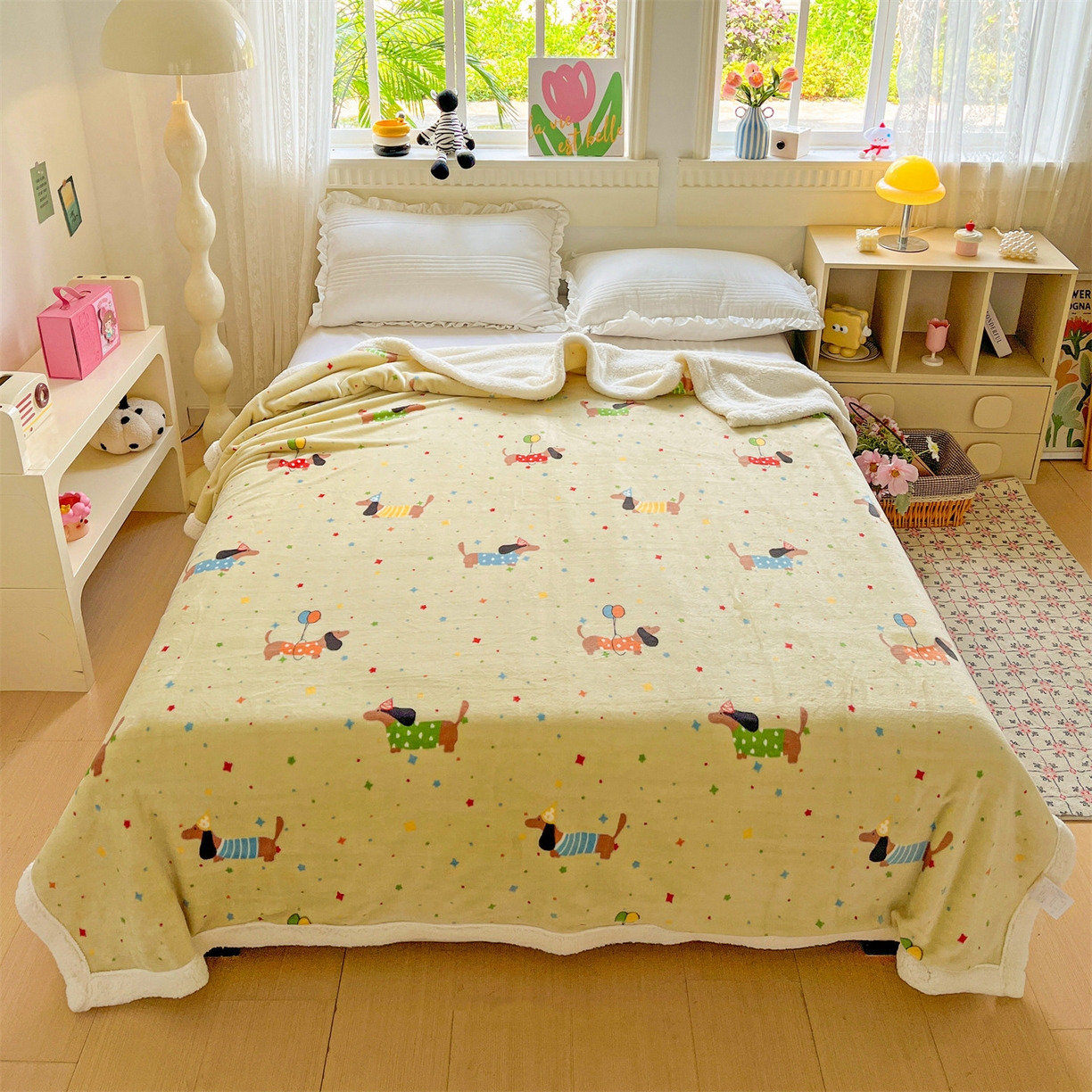 91家纺网 家纺一手货源 找家纺 名兮 2025新款秋冬高克重牛奶绒羊羔绒多功能盖毯 毛毯-腊肠狗