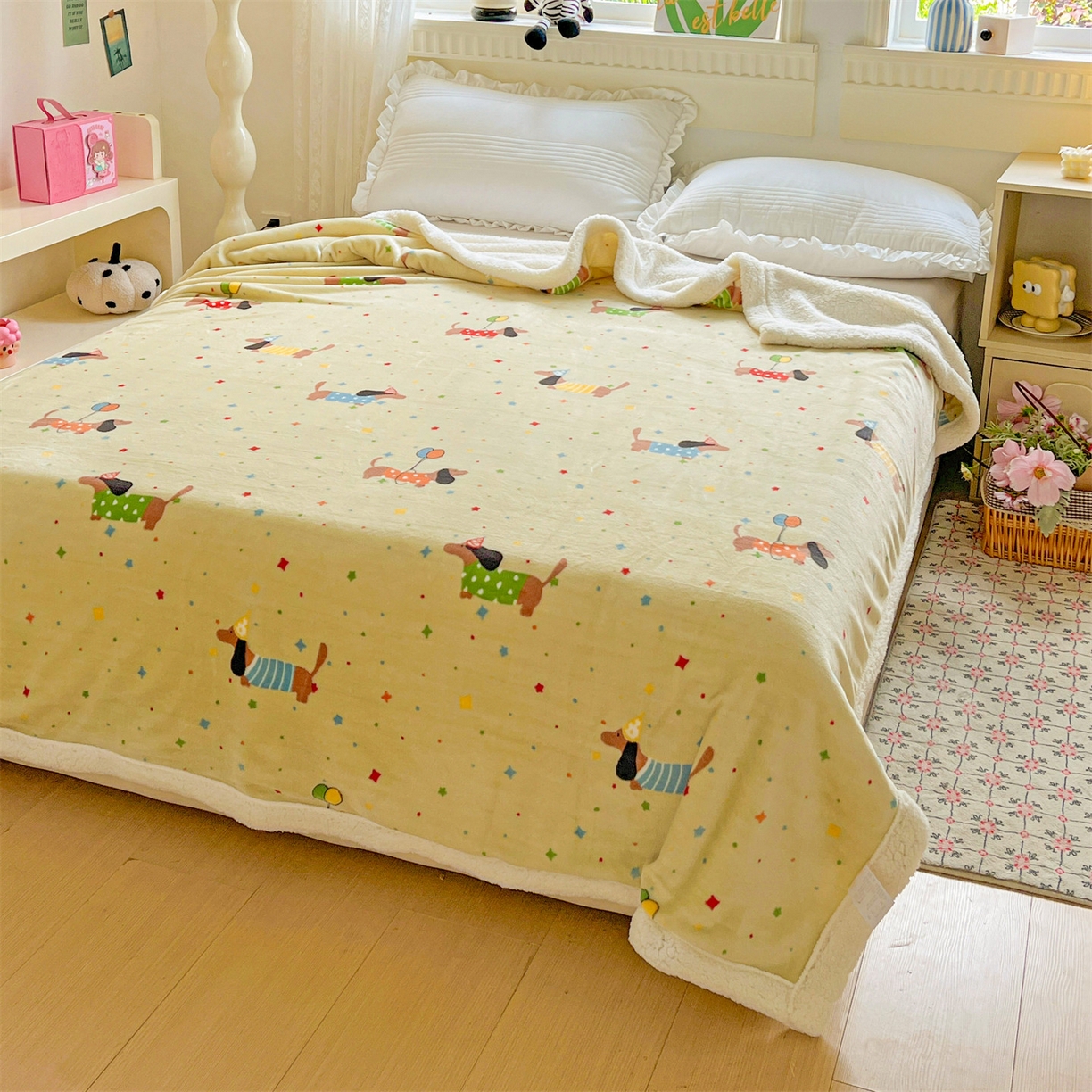 91家纺网 家纺一手货源 找家纺 名兮 2025新款秋冬高克重牛奶绒羊羔绒多功能盖毯 毛毯-腊肠狗