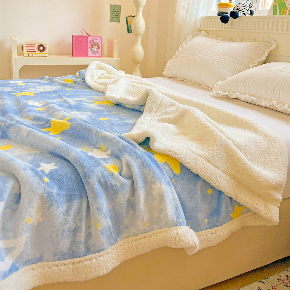 91家纺网 家纺一手货源 找家纺 名兮 2025新款秋冬高克重牛奶绒羊羔绒多功能盖毯 毛毯-满天星